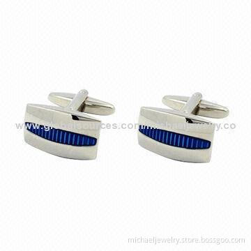 Brass Cufflinks with Blue Transparent Epoxy and White Steel Plated, Nickel-free